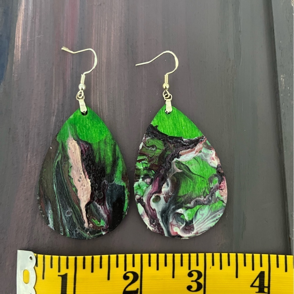 Green and Black Abstract Teardrop Earrings - Picture 3 of 4
